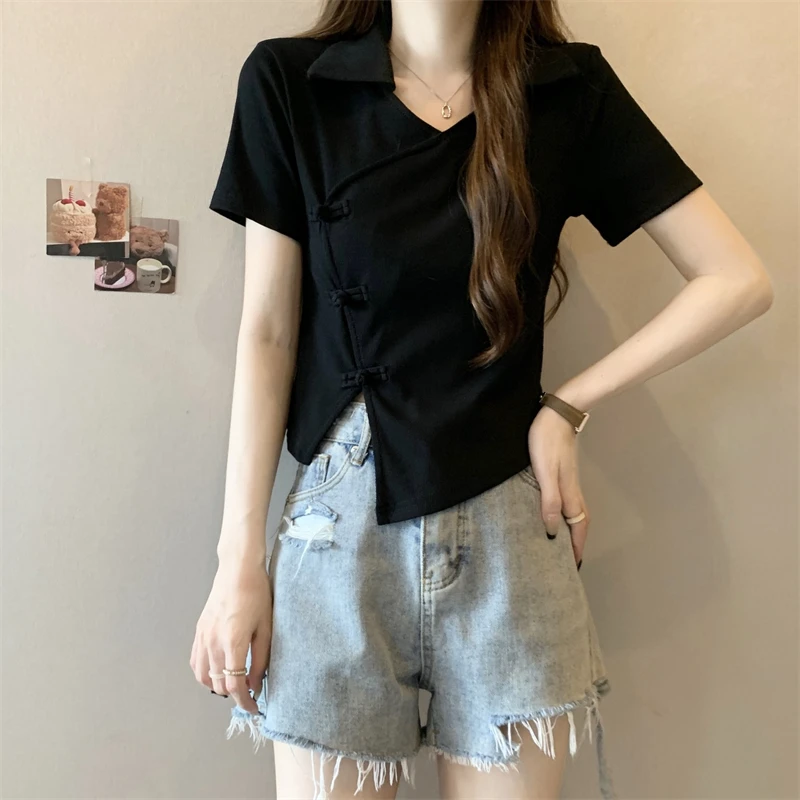 Jigu Plus size Short sleeve T-shirt Chubby Girl Summer Unique Chic Retro Chinese Sle Buckle Top