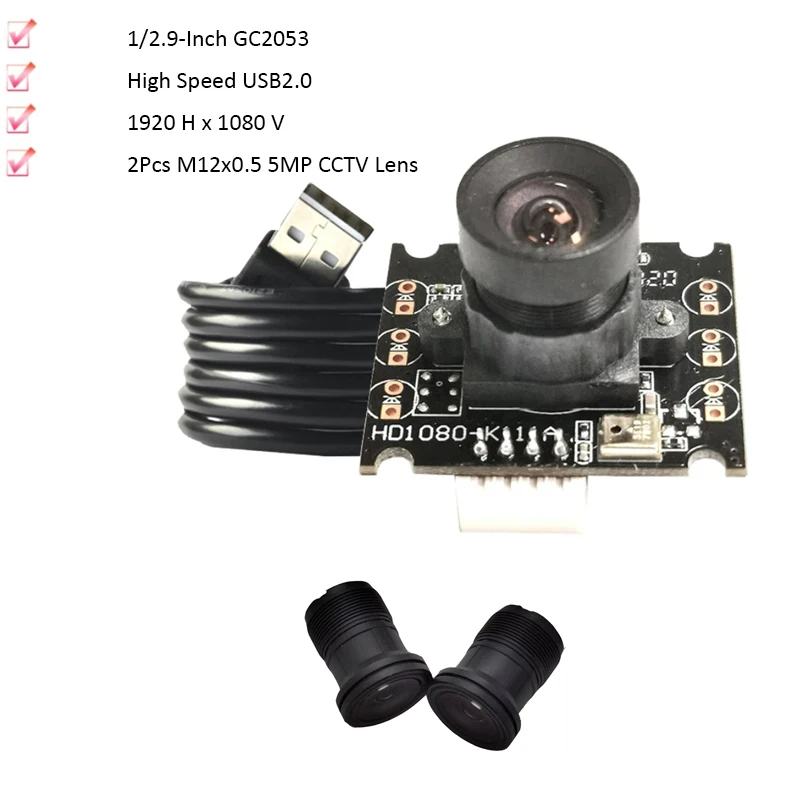 2MP HD 1080P CMOS GC2053 Sensor FF 95 ° 30FPS USB-модули камеры + 2Pcs M12x0.5 5MP CCTV объектив
