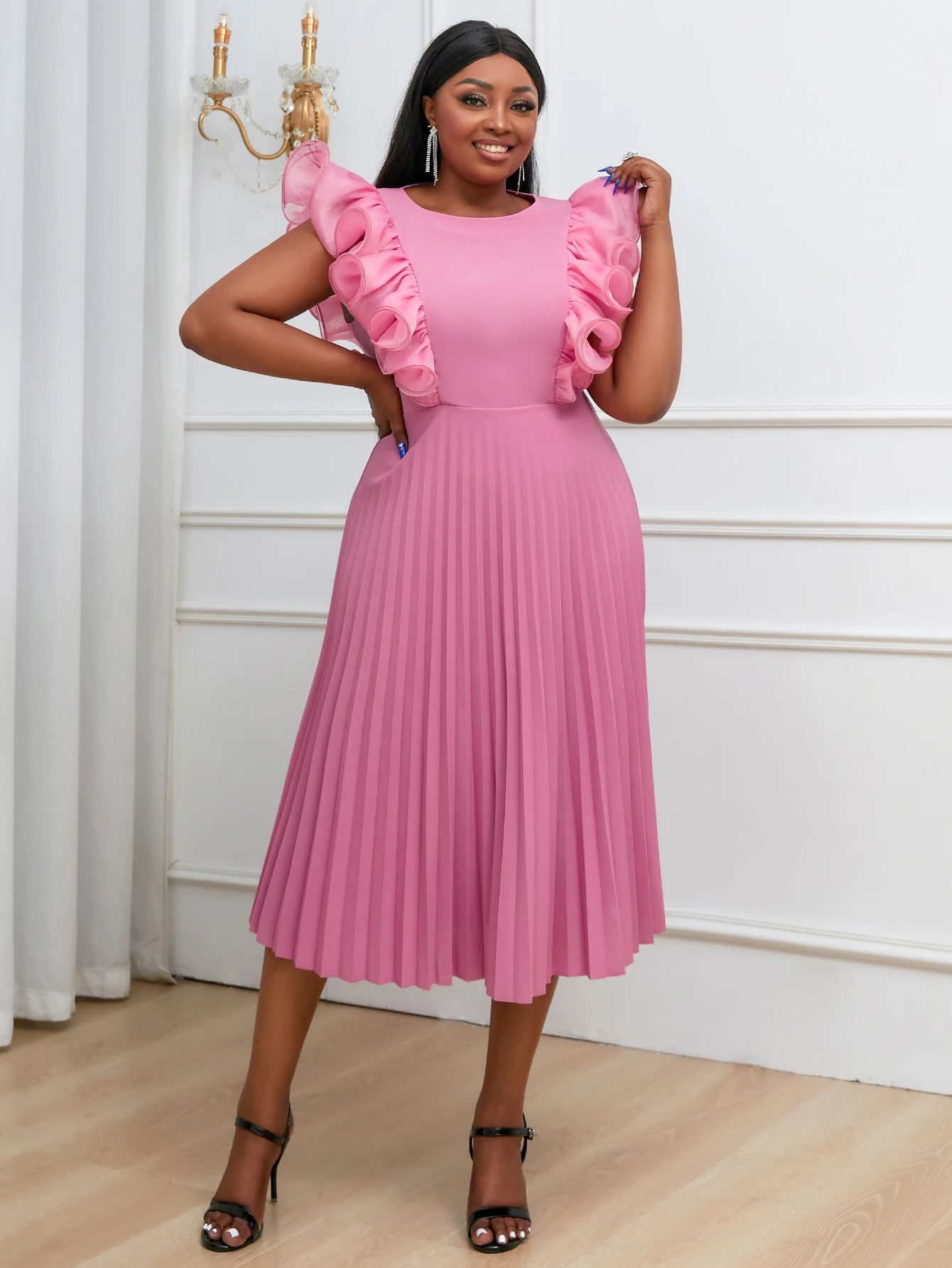 

AOMEI A Line Pleate Midi Dress O Neck Sleeveless Ruffles High Waist Pink Weddding Guest Birthday Party Ball Gowns for Ladies