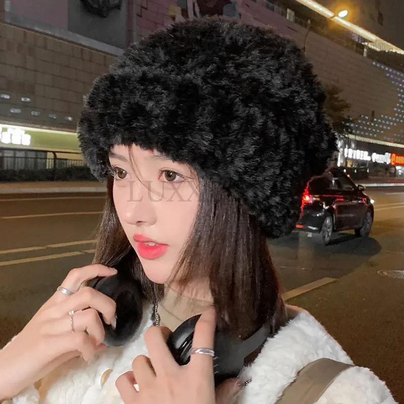 

Winter Women Hat Luxury Knitting Wool Women Hat Artificial Lamb Wool Bucket Hat Is Thick Soft Warm and Cute LUXXETON