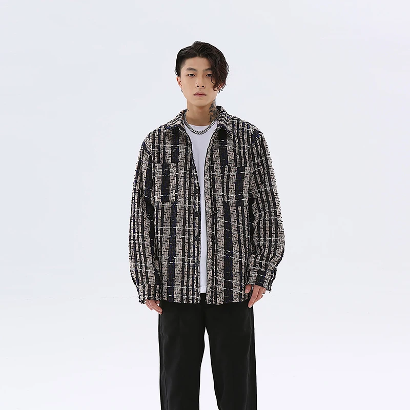 

Black White Plaid Jacket Shirt for Men Korean Streetwear Oversize Casual Couple Thick Jackets Coats Contrast Color Woven Clothes
