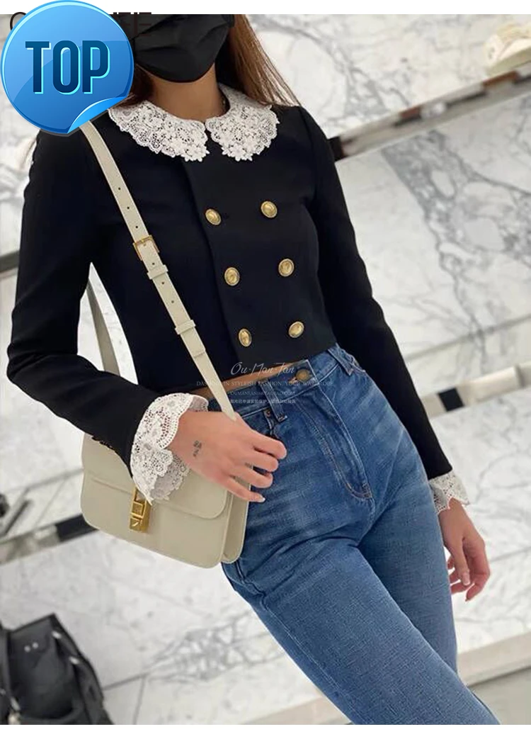 

Женская короткая куртка, дизайнерская двубортная куртка с кружевной вышивкой, корейская мода, зимняя одежда, 2023