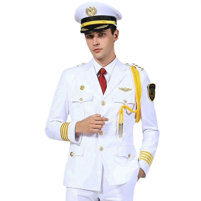 Uniforme de guardia de seguridad para hombre, chaqueta de seguridad blanca, pantalones, sombrero, accesorios de cinta, ropa de trabajo militar, traje de la Marina de los EE. UU.