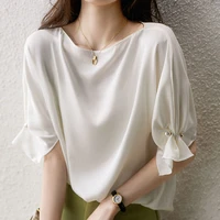mujer tops for women fashion elegant 2022 summer beading chiffon blouses casual shirts blusas pullover white black solid 2937