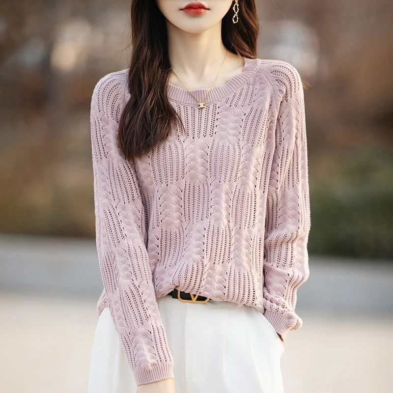 Женский вязаный свитер из 100% хлопка Свободный пуловер с длинными рукавами и