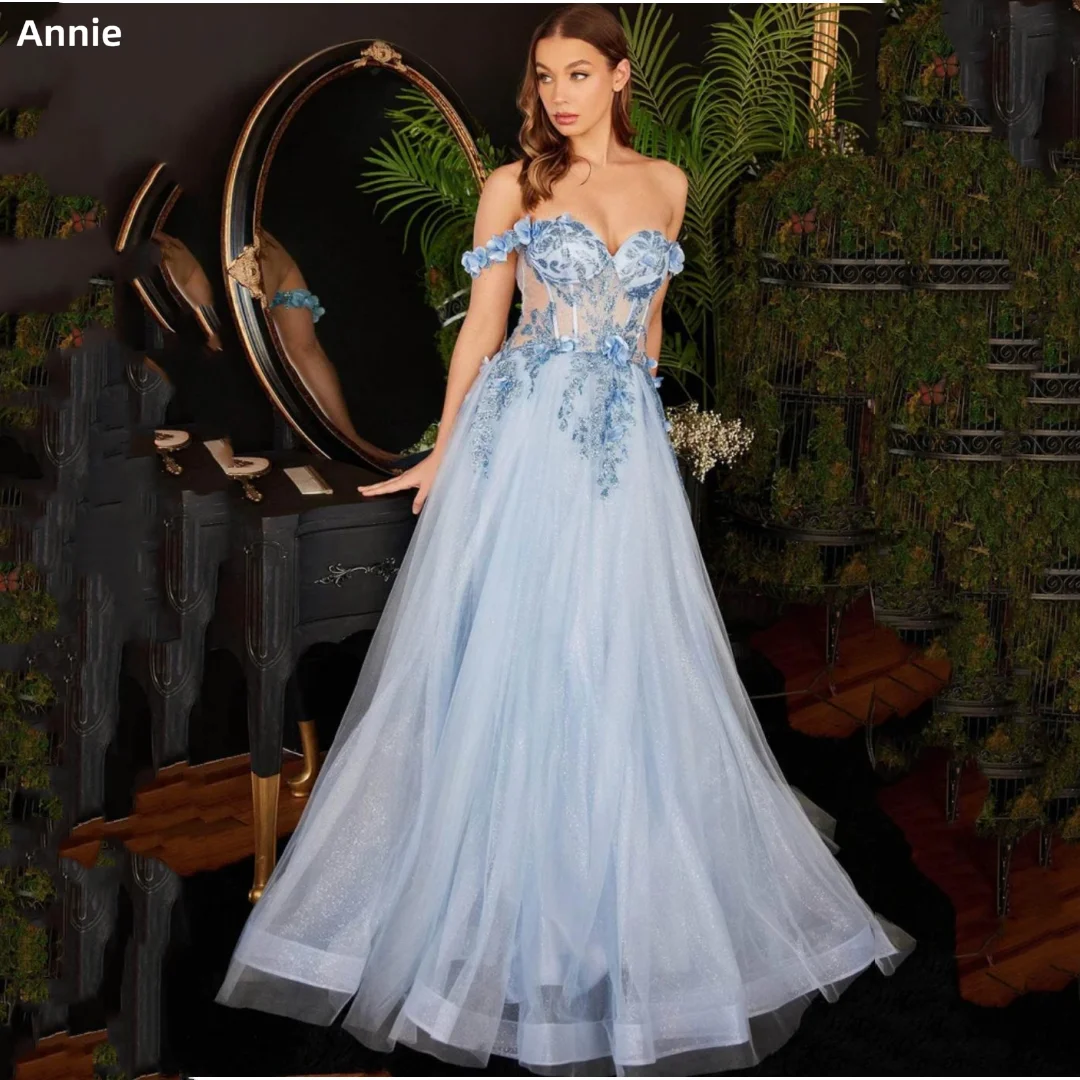 

Annie Hand Applique Prom Dressess Strapless Sparkle Cocktail Custom Evening Dress Exquisite Blue A-shaped فساتين سهره فاخره