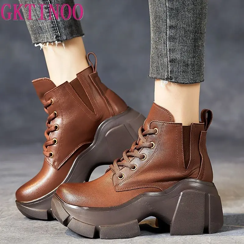 Platform Ankle Boots for Women 2022 Autumn Winter Thick Bottom Lace Up Shoes Woman Retro Handmade Genuine Leather Short Boots