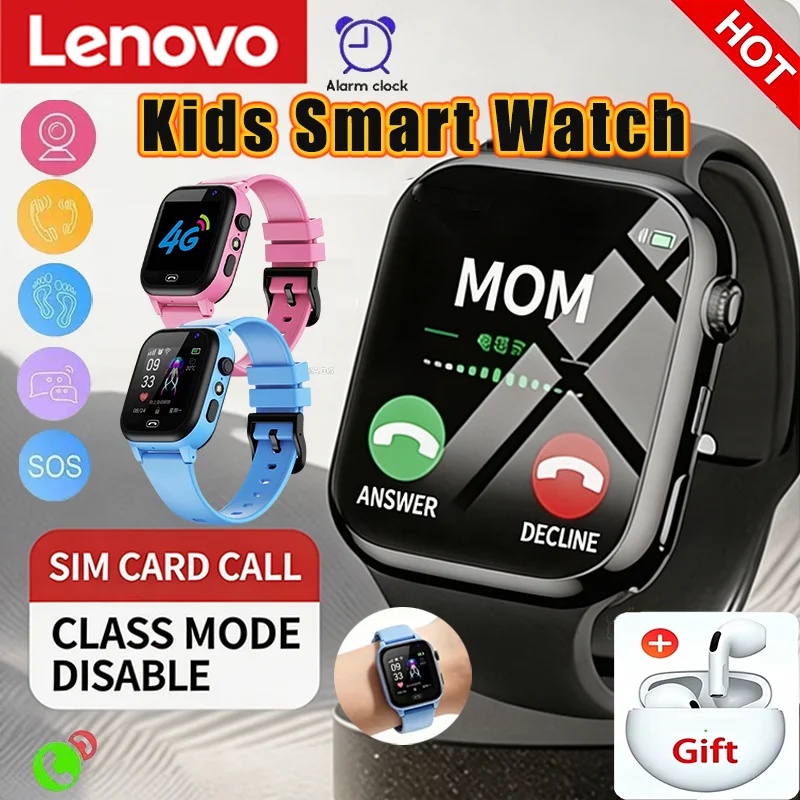 Фото Детские смарт-часы Lenovo 2027 5G с GPS, SOS, видеозвонками, HD-камерой, водонепроницаемостью, поддержкой SIM-карты и наушниками для мальчиков и девочек №1