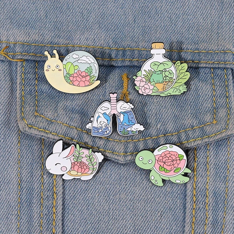 

Cartoon Animal Plant Enamel Pin Custom Snail Frog Rabbit Turtle Whale Lung Brooch Lapel Badge Nature Jewelry for Kids Friends