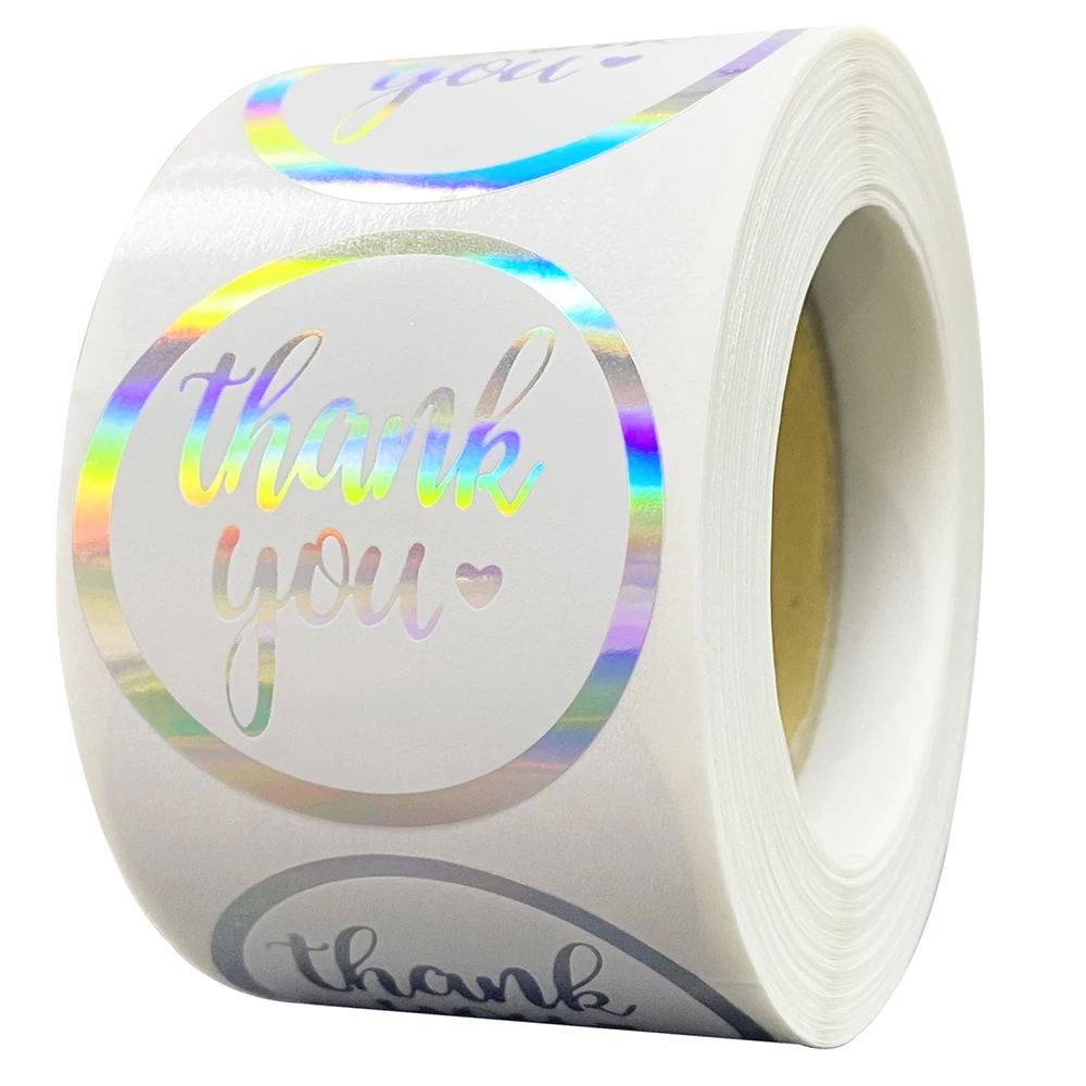 

100-500 Pieces Rainbow Laser Thank You Sticker 1 inch White Thank You Small Business Sticker for Craft, Gift Packaging
