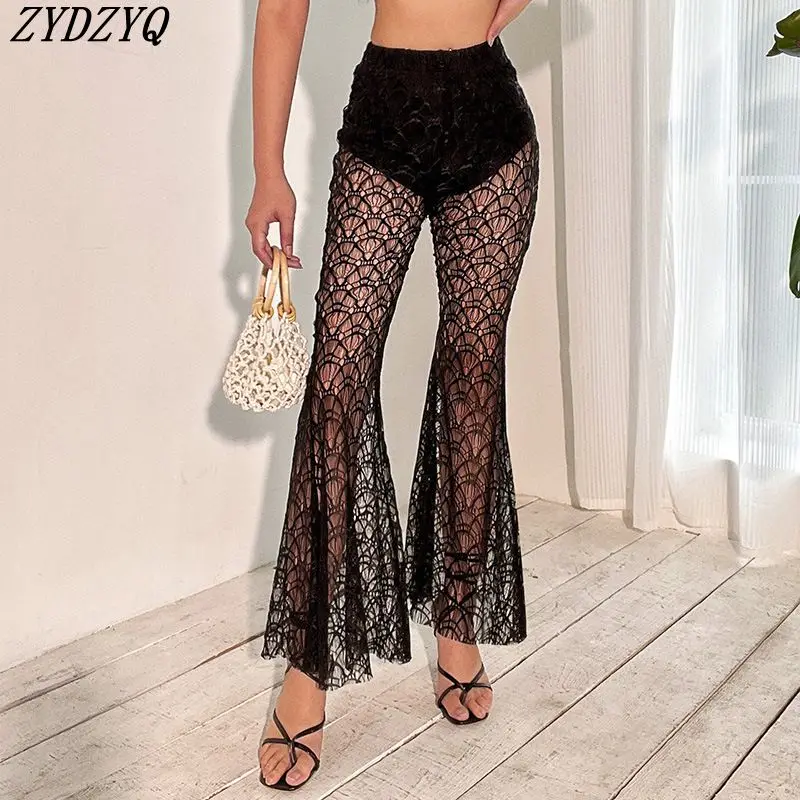 

ZYDZYQ Sexy Flared Pants Summer Women Clothing High Waist Mesh Sheer Nightclub Cargo Outfit Y2k Clothes Streetwear Wholesale