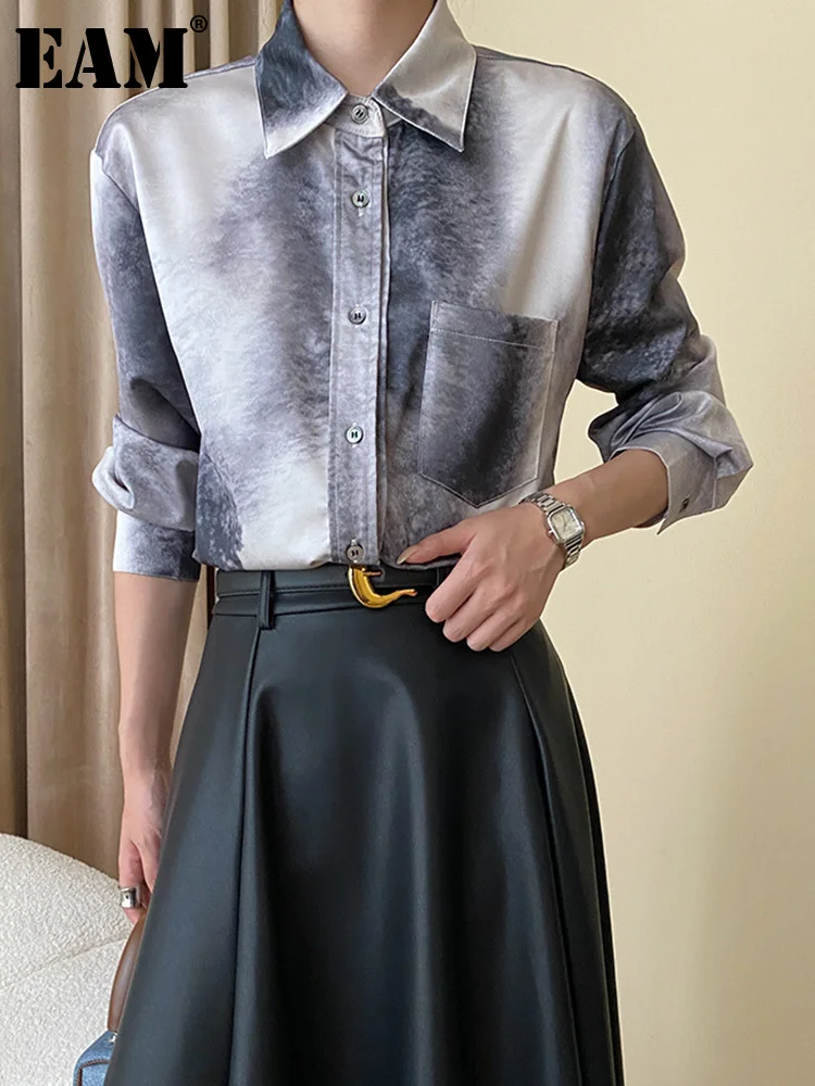 

[EAM] Women Gray Big Size Tie-dye Casual Blouse New Lapel Long Sleeve Loose Fit Shirt Fashion Tide Spring Autumn 2023 1DH1799