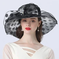 vintage flower ladies church hats large wide brim fedora hat for women organza dot hat beach elegant sun hat