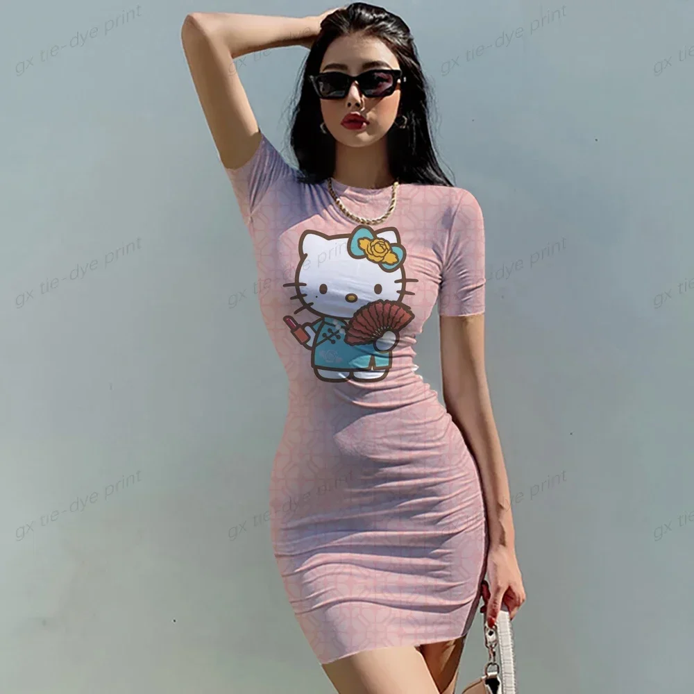 Summer Women's New Korean Temperament HELLO KITTY Print Dress Section Short-sleeved Waist Tight Sexy Bag Hip