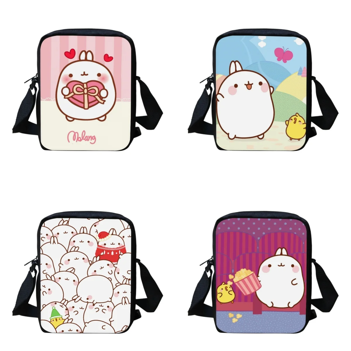 

Lovely Molang Cartoon Print Ladies Messenger Bags Outdoor Travel Small Shoulder Bags Teens Boys Girls Adjustable Schoolbags Gift