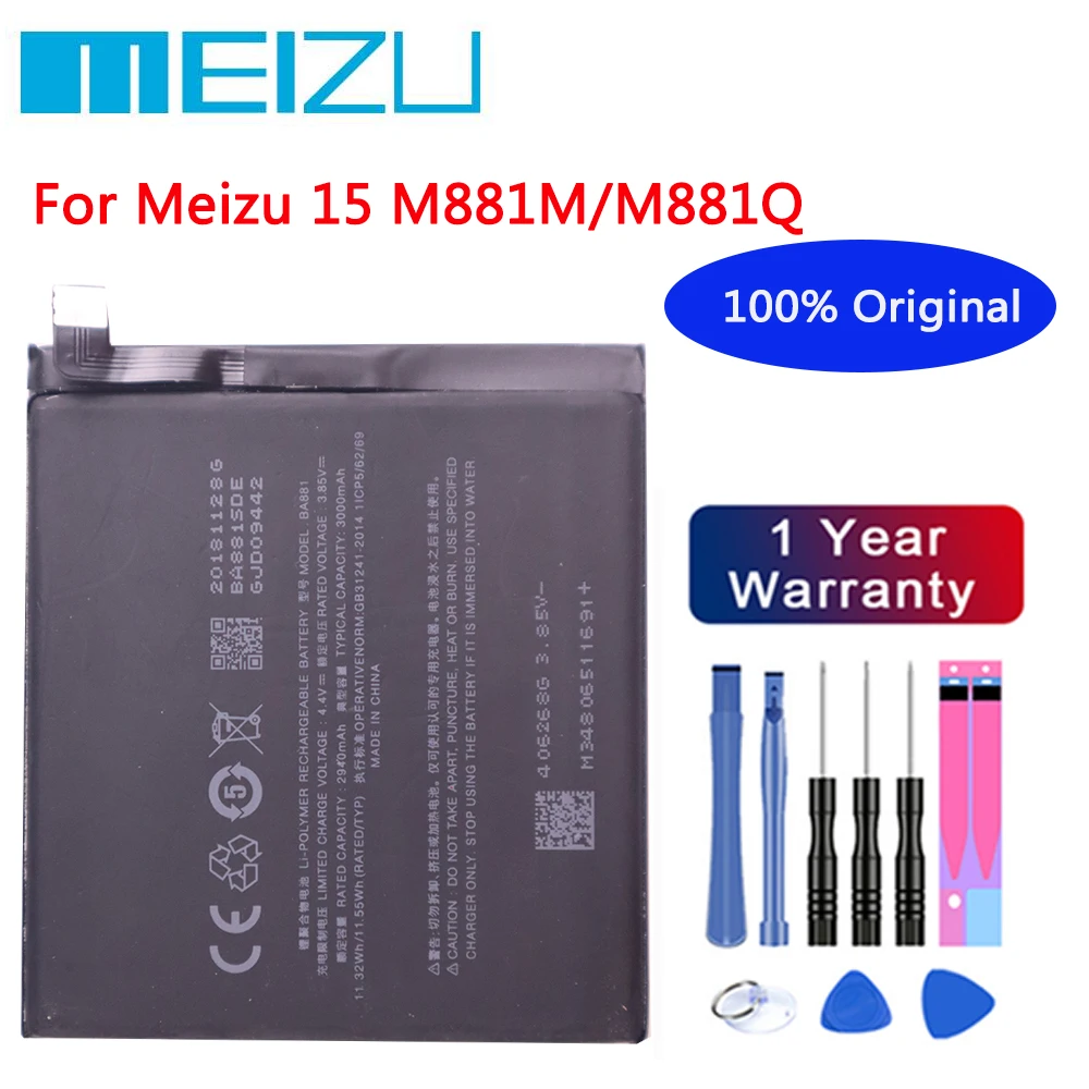 

Новый 100% оригинальный аккумулятор Meizu BA881 для телефона Meizu 15 M881 M881M M881Q 3000 мАч Высококачественный аккумулятор + Инструменты