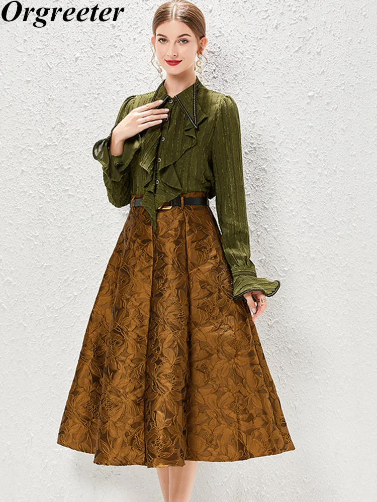 

Женский жаккардовый костюм, элегантный костюм из двух предметов, рубашка с расклешенными рукавами и оборками и длинная юбка с цветочным принтом, Осень-зима 2019