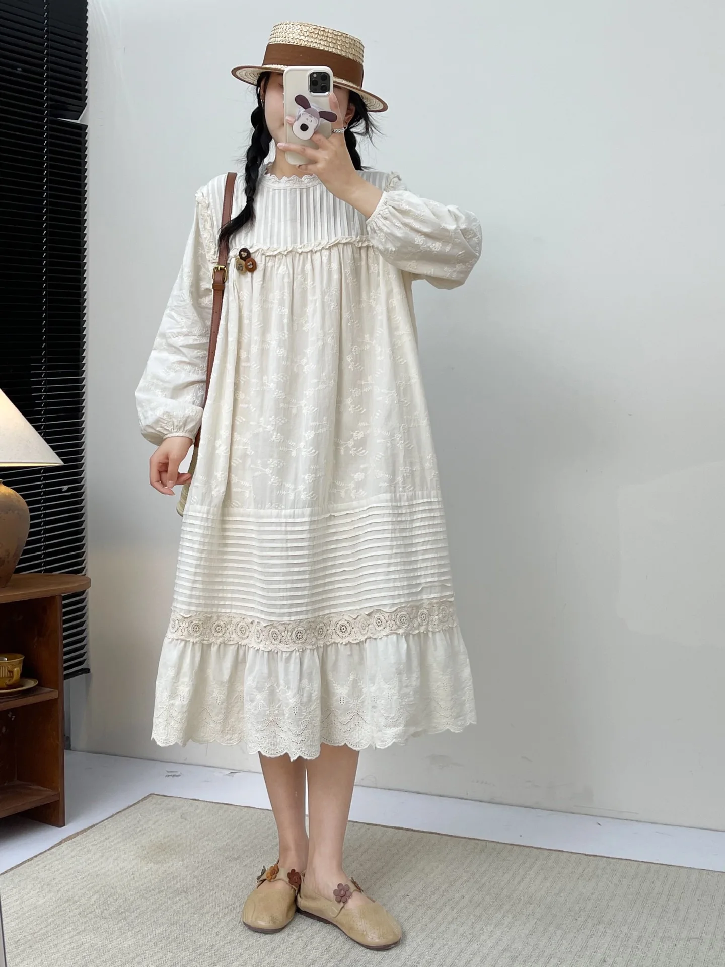 Japanese Korean Mori Girl's Sweet Age-reducing Organ Pleated Heavy Embroidery Cotton Sleeve Dress Fairy Princess Women |