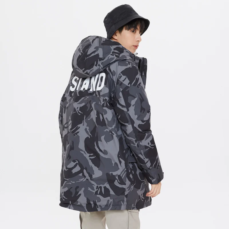 Metersbonwe  Man Camouflage Color Hooded Down Jacket 80% Gray Duck Down Warm Winter Cargo Style Stereo Pocket Long Down Coat