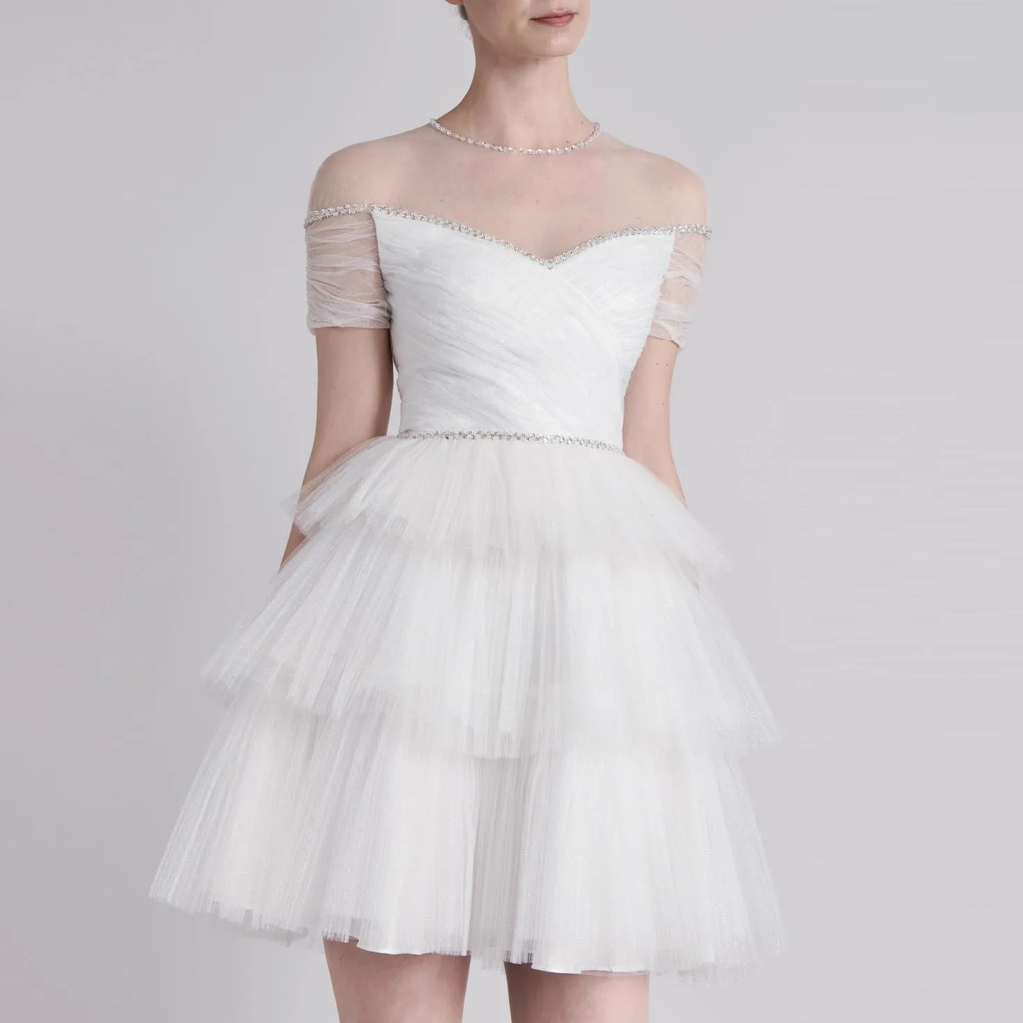 Купи Transparent O-neck Women Dress Crystals Beaded Prom Gown Mini Women Clothing White Tulle Ball Gown Layered Elegant Dress Woman за 4,332 рублей в магазине AliExpress