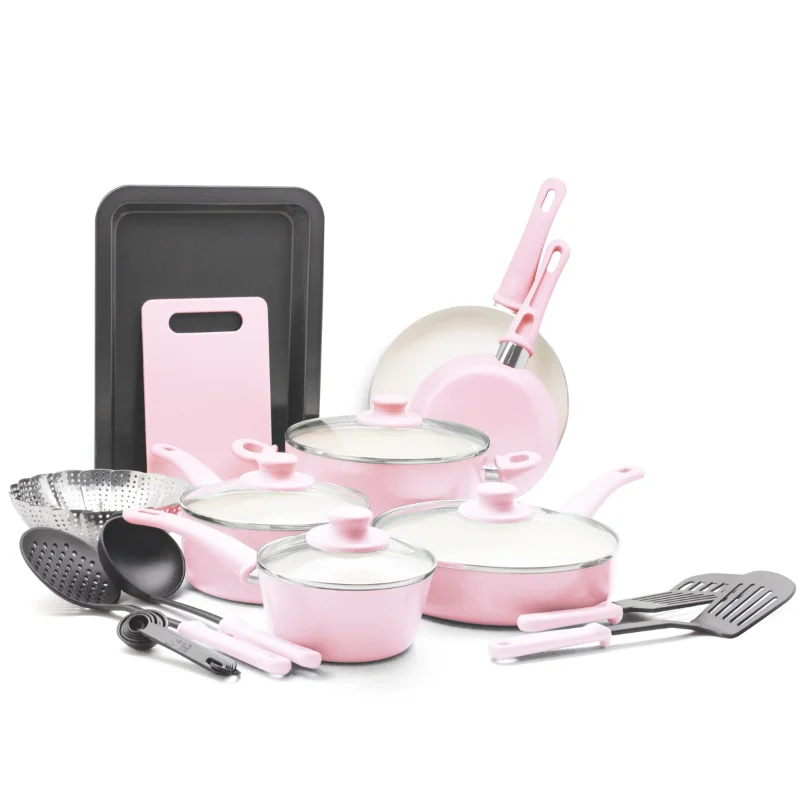 

GreenLife 18-Piece Soft Grip Toxin-Free Healthy Ceramic Non-Stick Cookware Set, Pink, Dishwasher Safe