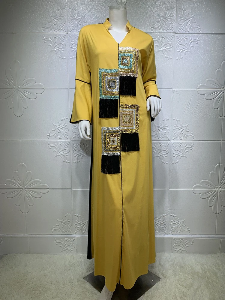 Модный мусульманский Дубайский хиджаб, платье для женщин, 2021 хлопок, с блестками, кисточками, Jalabiya, марокканский кафтан, арабский Оман, турец...