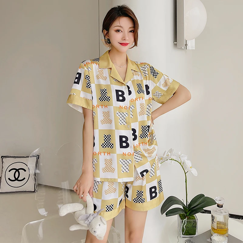 

QSROCIO High Quality Summer Women's Pajamas Set Luxury Bear Print Silky Touch Sleepwear Casual Homewear Short Lounge Female