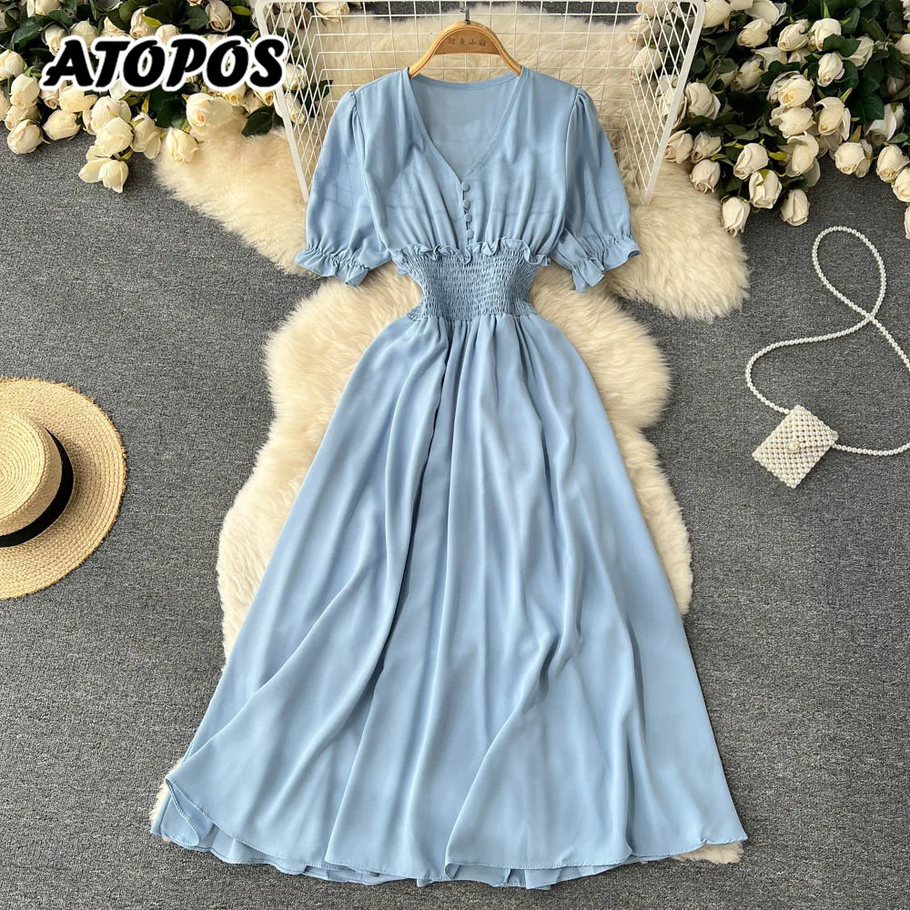 

Atopos Women Sweet Solid Summer Dress V Neck Short Sleeve High Waist Midi Dresses Sundress Vestidos Robe Female Clothing 2022