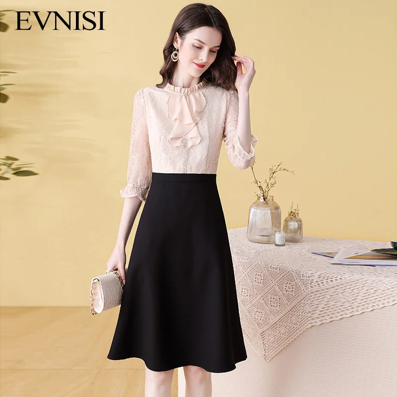 

EVNISI French Vintage Lace Patchwork Dress Women Fake Two-piece 2022 Spring Summer Elegant Dresses Office Lady Apricot Robe