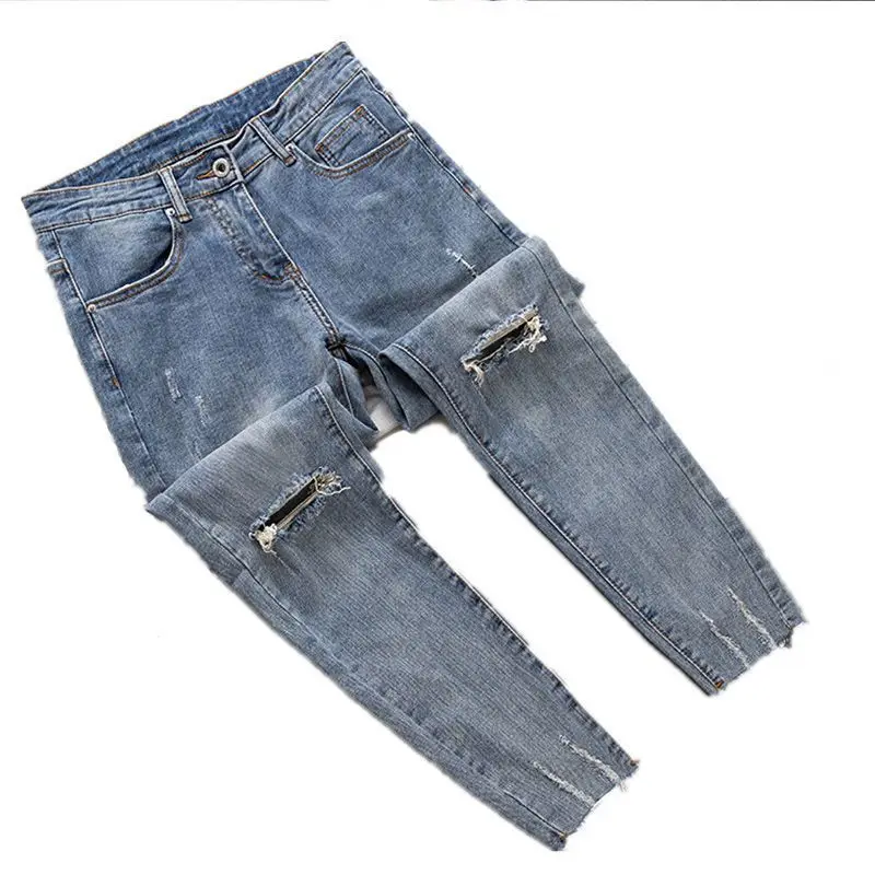2023 Summer Thin Jeans Wool-edge Knee-knee Piercing Elastic Slimming Small Feet Pants Men's Clothing Nine-point Pants