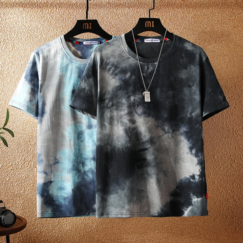 

M-5XL 2022 Summer Casual Short-sleeved T-shirt Men's Retro Large Size Personality Tie-dye Hit Color Loose Casual Top Men