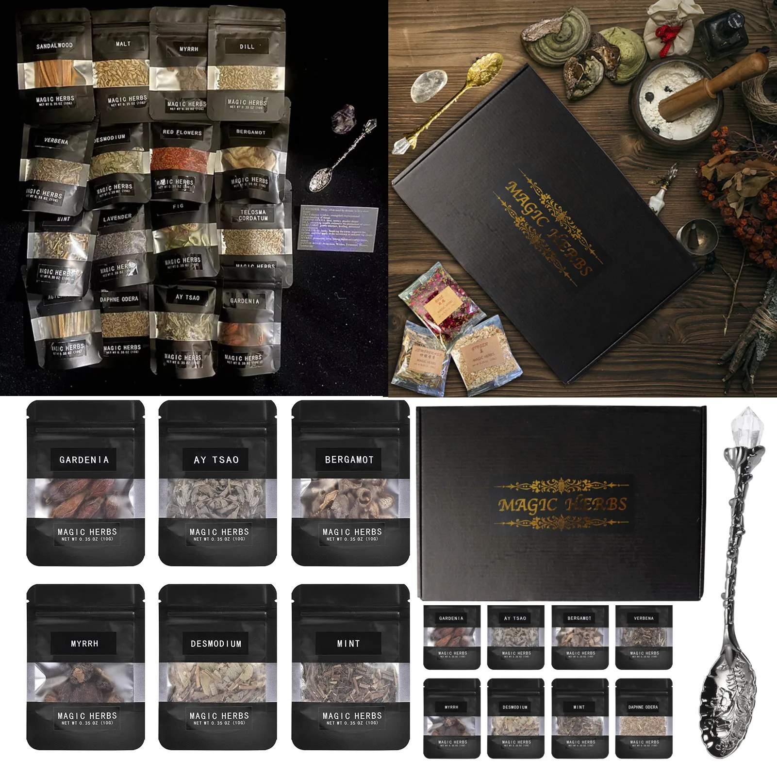 

30 Herbs Witchcraft Kit Dried Herb Kit with Crystal Spoon Magic Witch Dried Flower Witchcraft Health Care Plant Extracts For Tea