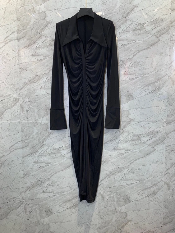 

2022 new women fashion lapel V neckline slit wrinkled decorative long sleeve solid color long dress 0112