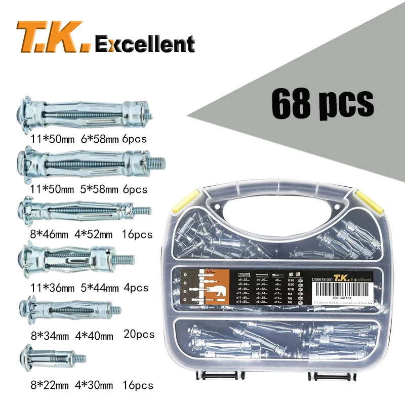 T.K.Excellent Zinc Plated Heavy Duty Metal PLASTERBOARD Cavity Wall FIXINGS Anchors Plugs Kit 68 Pieces |