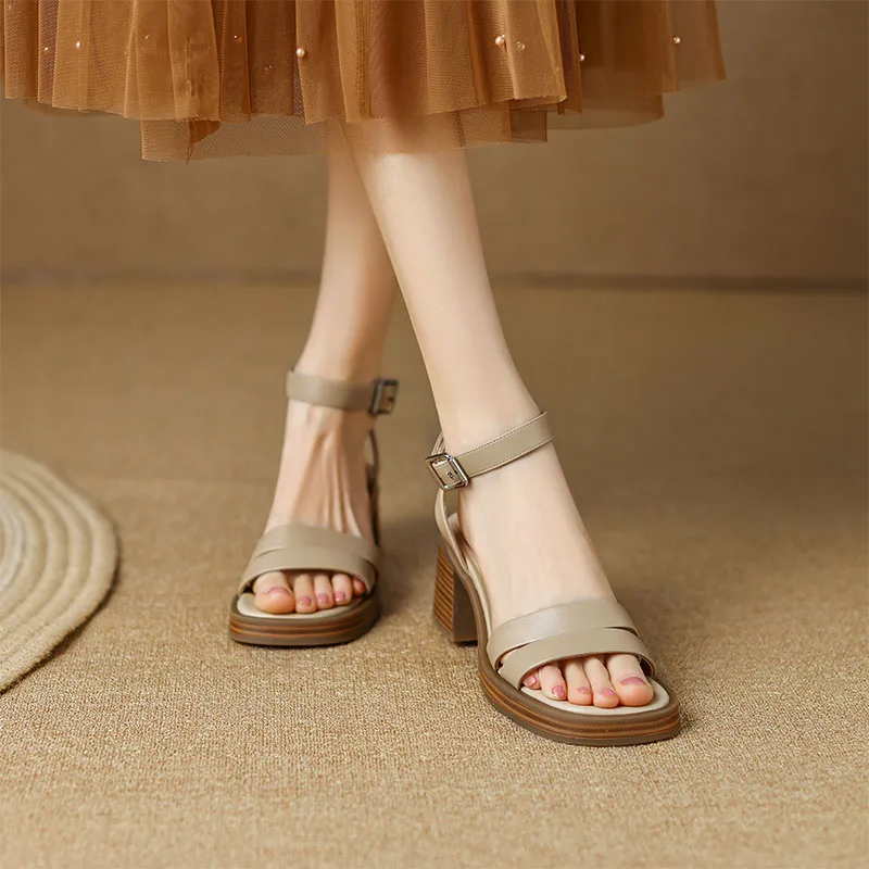 Karley Genuine Cow Leather Women Platform Sandals New 2023 Summer High Chunky Heeled Sandal Ankle Strap Ladies Beige Brown