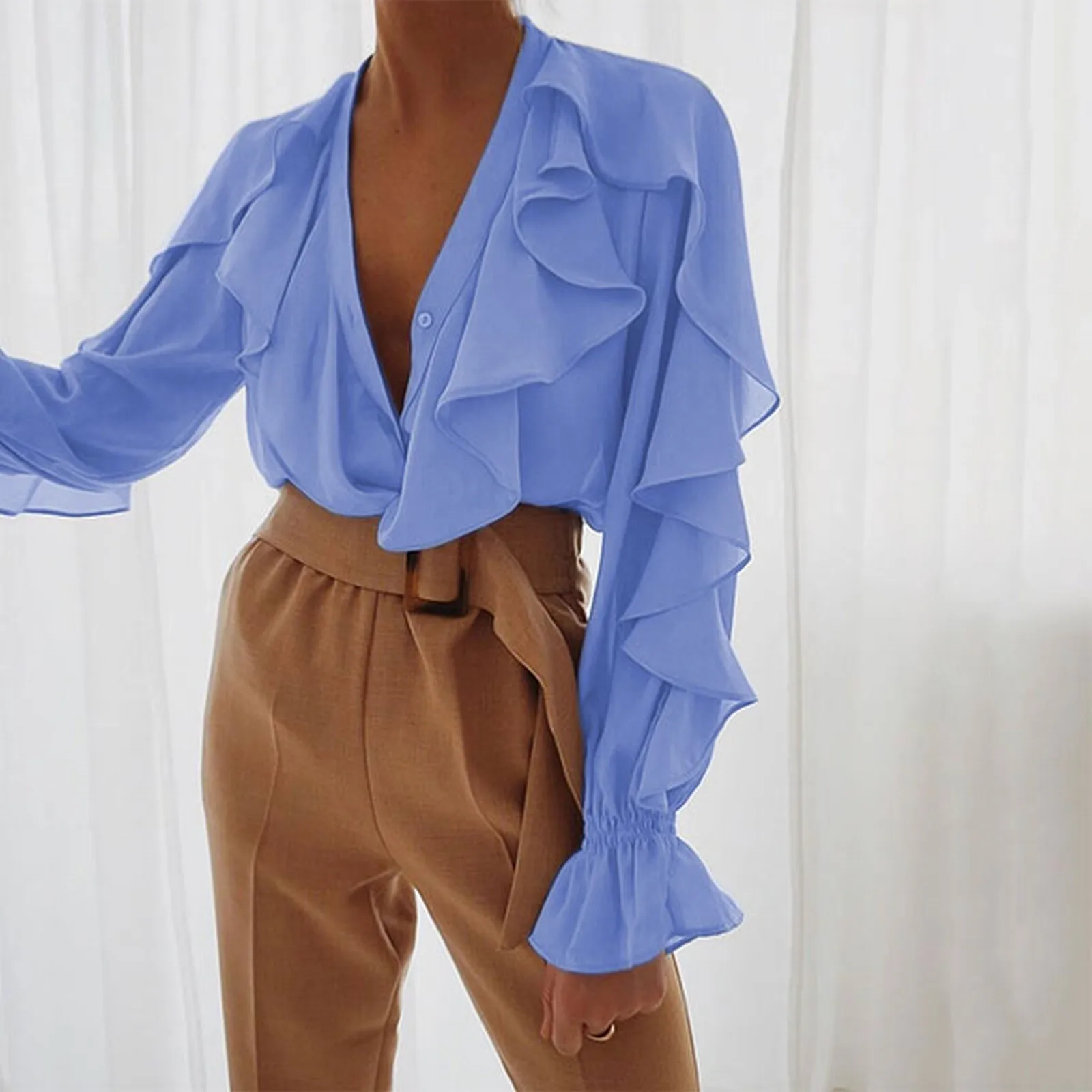 

Весенняя Повседневная шифоновая рубашка с оборками по краям леггинсы с длинным рукавом топ с V-образным вырезом свободное платье-рубашка на пуговицах с длинным рукавом для женщин