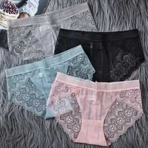 3Pcs/Lot Sexy Women's Seamless Lace Panties Ice Silk Briefs Female Skin-Friendly Underwear Hollow Out Transparent Intimates