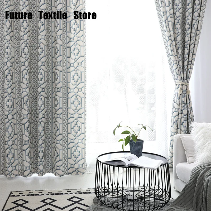 

[Blue Wall Stone Window]The Curtain Is The Curtain Fabric of The Living Room Dining Room Modern Cotton and Linen Printed Curtain