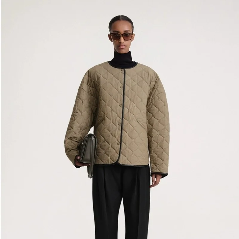 

Женское клетчатое пальто, маленькое свободное теплое хлопковое пальто с круглым вырезом и длинным рукавом, универсальное хлопковое пальто во французском стиле 23, зима