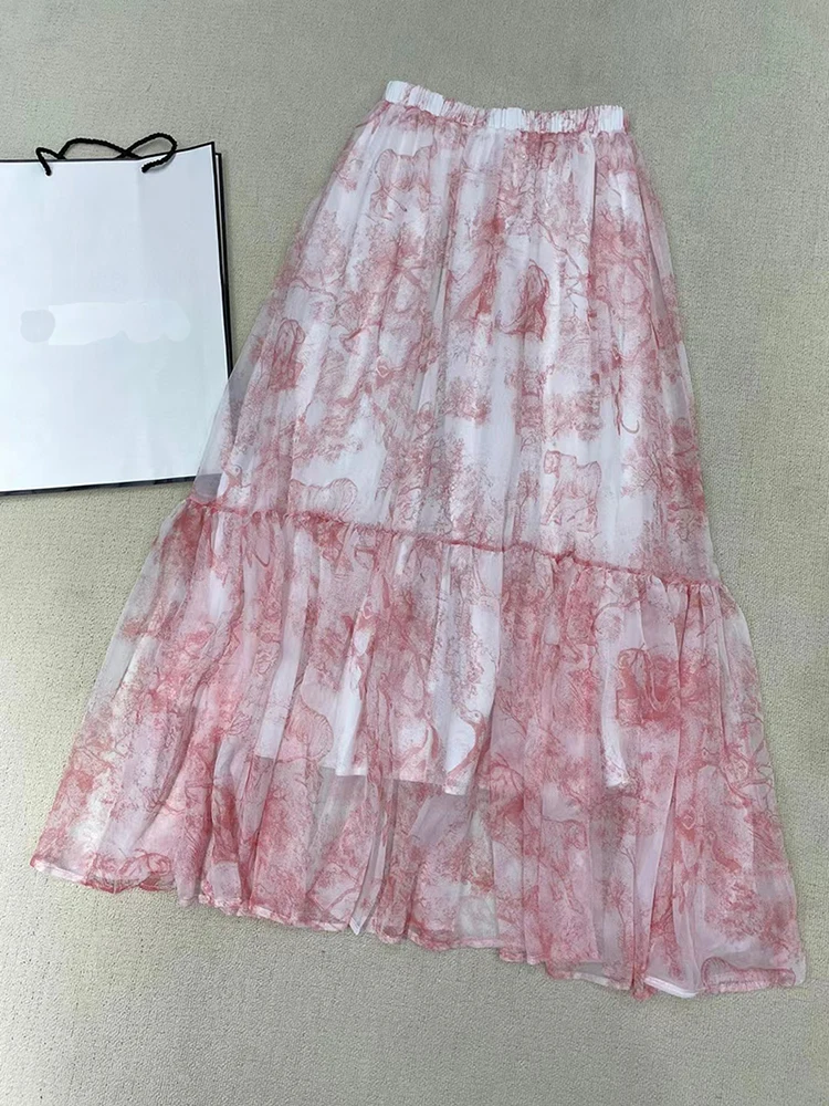 

2022 Summer Bohemian Skirt Women Pink Black Animal Forest Print Elastic Waist High Quality Holiday Party Midi
