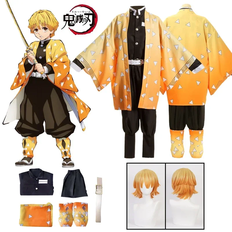 

Anime Agatsuma Zenitsu Cosplay Costume Uniform Cloak Kimono Haori Wig Halloween Costume for Kids Adult