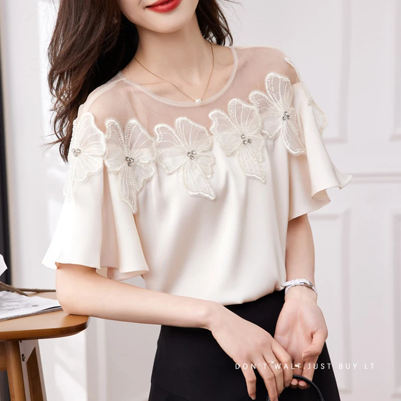 

Summer Short Sleeve Beading Diamond Shirt Casual O-neck Satin Top Fashion Contrast Color Patchwork Mesh Embroidered Blouse 26612