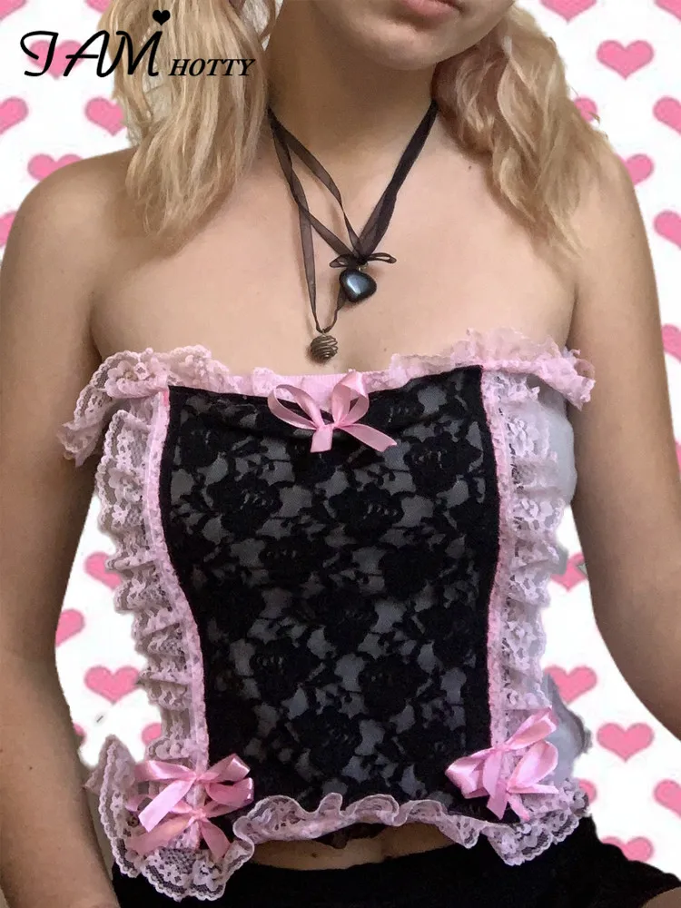 

IAMHOTTY Y2K Lace Corset Women Strapless Kawaii Camis Bow Patchwork Aesthetic Bustier Top Fairycore Lolita Sweet Tube Top Hot