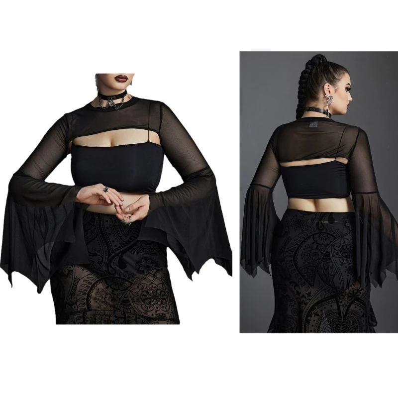 

Womens Batwing Sleeve Tops Y2K Sexy See-Through O-Neck Mesh Crop Tops Shirt