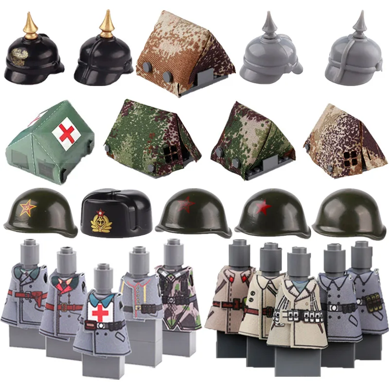 

Military Building Blocks Solider Figures Gifts German Soviet USA Printed Pattern Cloak Prussian Helmet Camouflage Tent Kids Toys