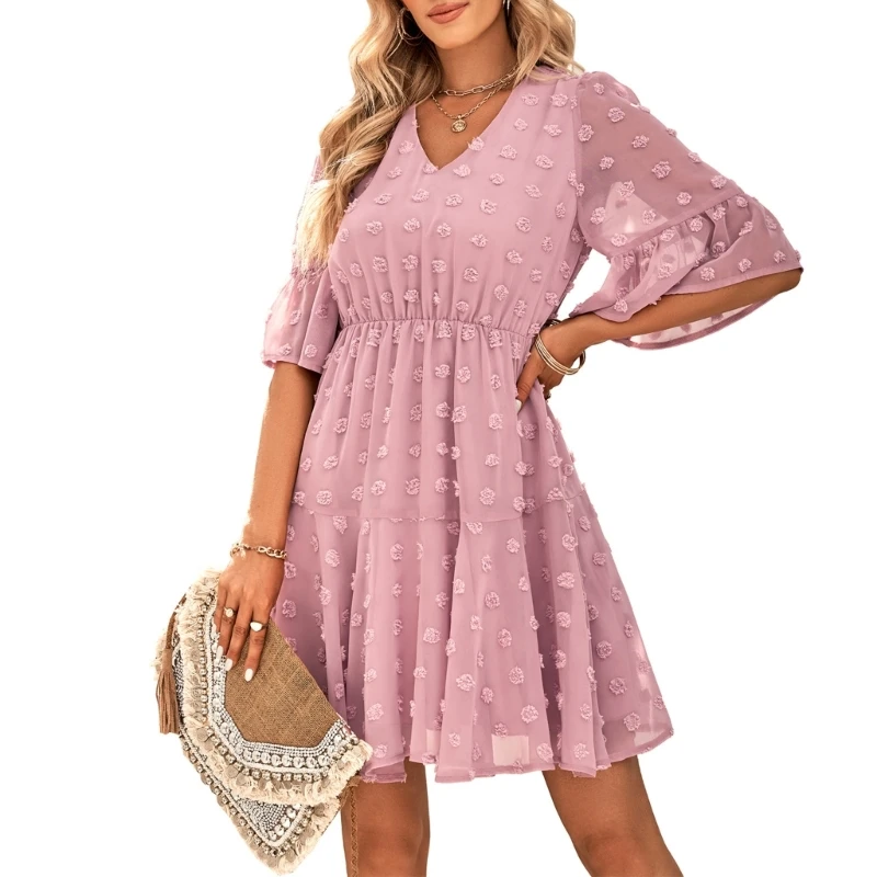

Loose Fit Swiss-Dot Casual Dress V-Neck Flowy Mini Dress Chiffon Flared Sleeve Midi Skirt Summer Beach Style Dress Women