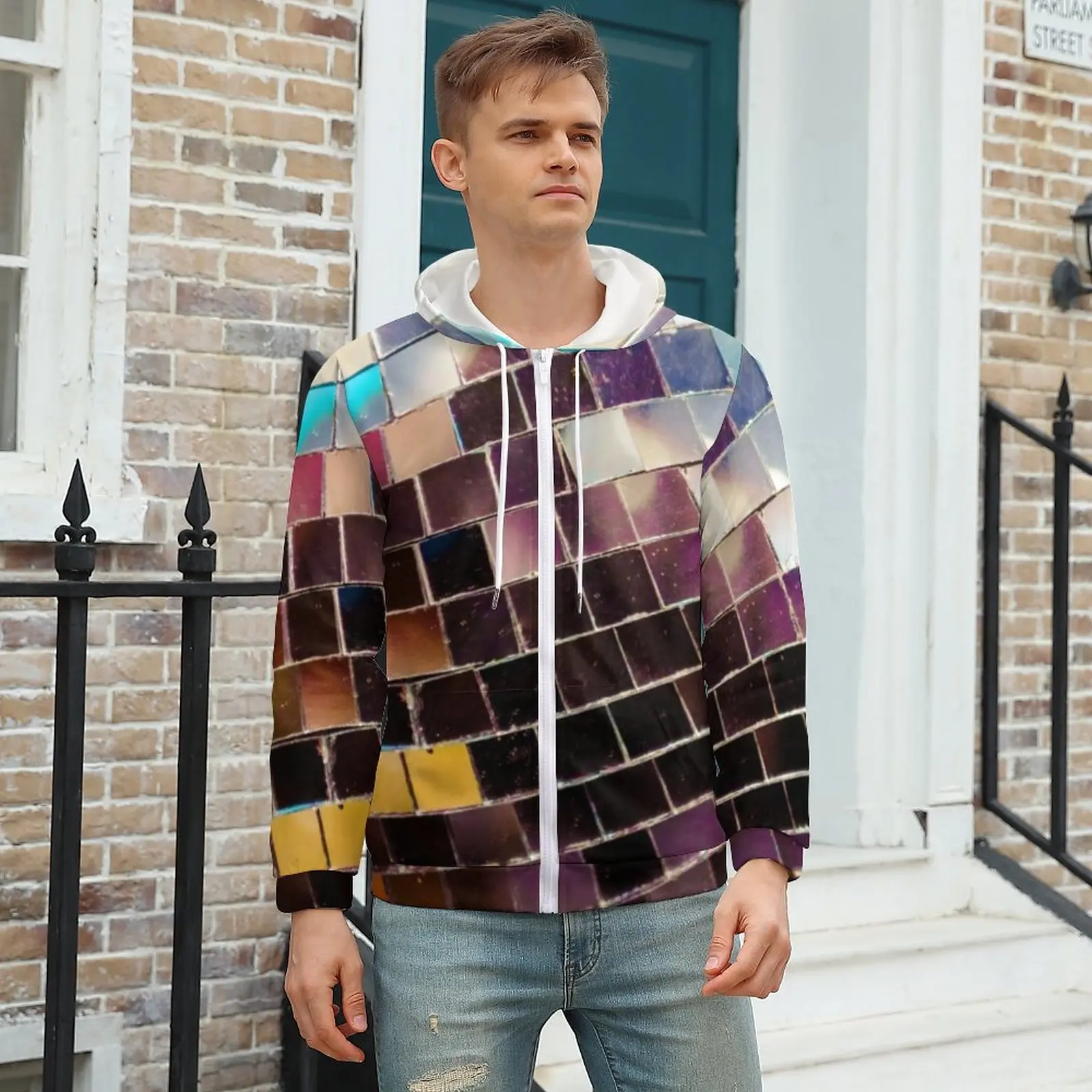 

Mirrored Disco Ball Hoodies Sequins Print Polyester Zip Up Hoodie Nice Winter Hoodie Oversized