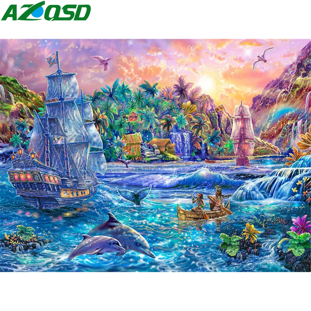 

AZQSD 5d алмазная картина морской Дельфин пейзаж мозаика картина Стразы Алмазная вышивка парусник ручная работа Вышивка крестом