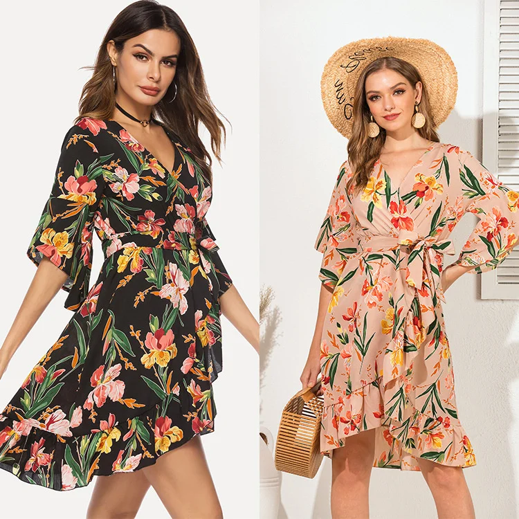 

2022 early spring printed V-neck slim fit fashion large hem Ruffle Dress