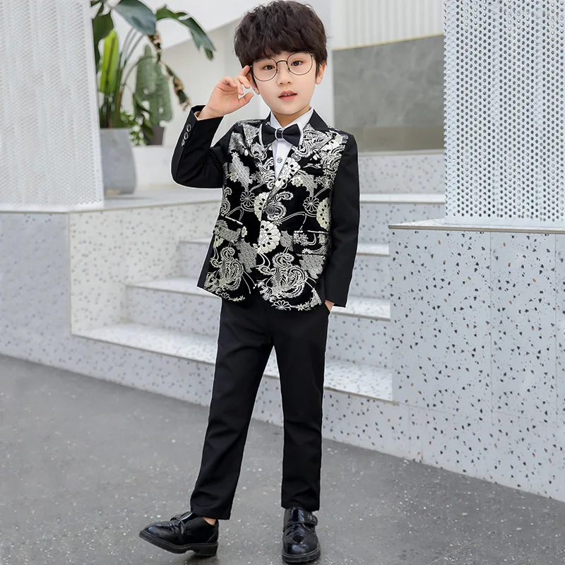 

Children Formal Dress Kids Flower Jacket Pants Bowtie 3PCS Piano Costume Boys Bronzing Show Host Handsome Photography Suit Kid